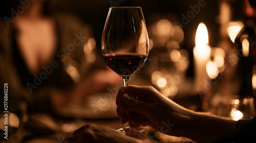 Hand holding a glass of red wine in an intimate candlelit restaurant, with warm amber bokeh creating an elegant tasting and fine dining atmosphere.