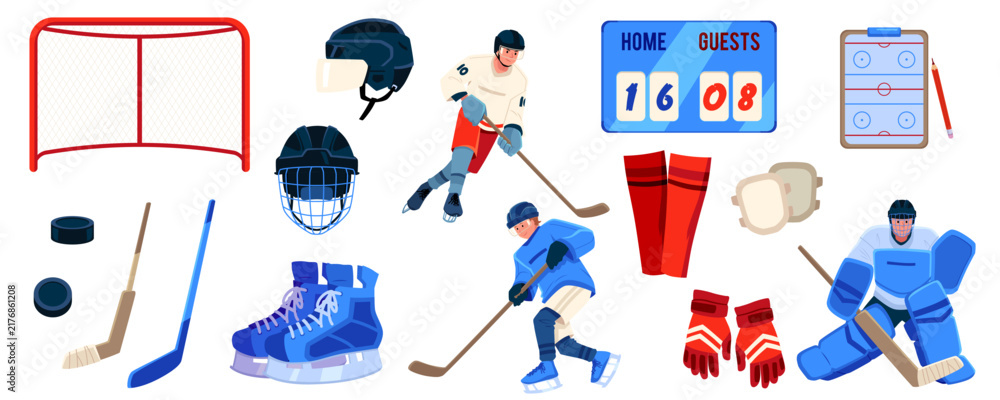 Obraz premium Ice hockey theme vector flat illustrations set isolated, hockey gear hockey stick, puck, uniform, score board, skates