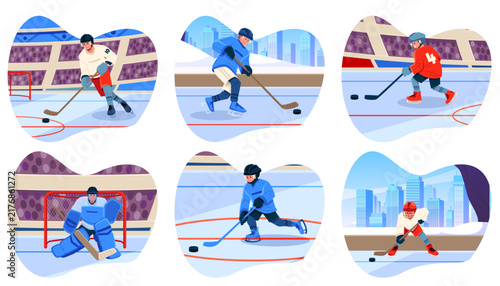 Photography Ice hockey player in gear and uniform slides with hockey stick at ice stadium, c