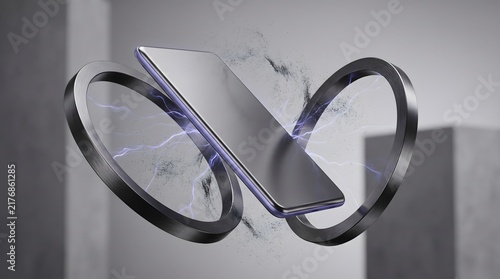 Futuristic Smartphone Levitating Through Metallic Energy Rings 3D Illustration