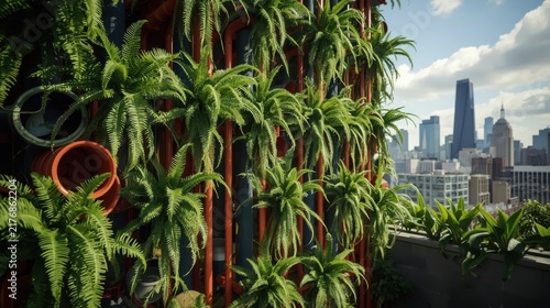 Vertical urban garden built from recycled industrial plastic pipes, lush green ferns growing out, city skyline in the background. Generative AI