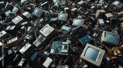 Massive pile of discarded electronic waste, circuit boards, wires, and old monitors, intricate technical details, metallic sheen. Generative AI