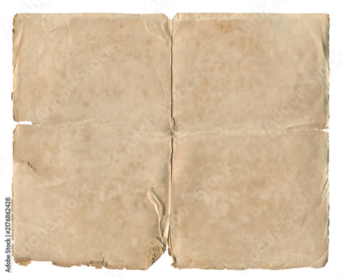 Aged blank folded paper sheet with torn edges, stains and creases isolated on a white background
