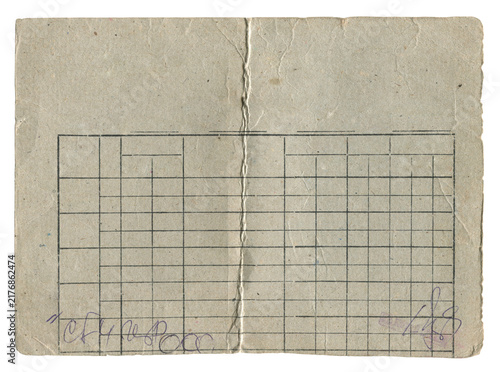 Wallpaper background of vintage grunge gray paper card with printed grid, fold crease, worn edges and handwritten marks