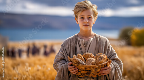 Young boy offering his basket to Jesus before the feeding of five thousand in a gathering crowd