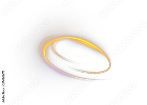 Golden glowing circular light trail forming an elliptical ring with soft motion blur and flowing luminous curves, vector illustration.