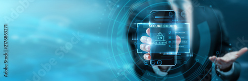 Foto Software developer hand hold phone with Secure Coding interface