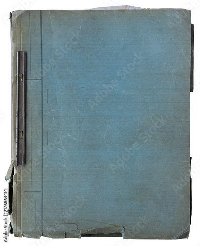 Closed vintage blue document folder with a metal binding clip, worn cardboard cover and torn edges on white