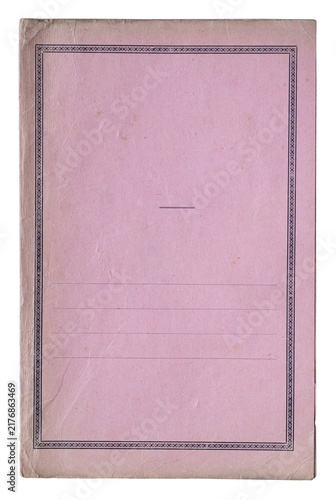 Tall pink vintage document folder with an ornate black border, blank lined label area and worn edges on white