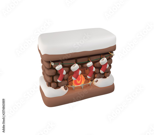 3D Christmas Fireplace Icon, Brick Fireplace with Stockings Vector illustration