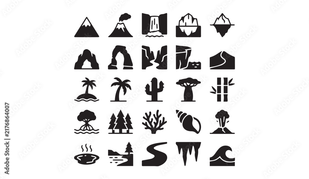 Fototapeta premium Set of nature landscape and geography icons with landscape geography mountains
