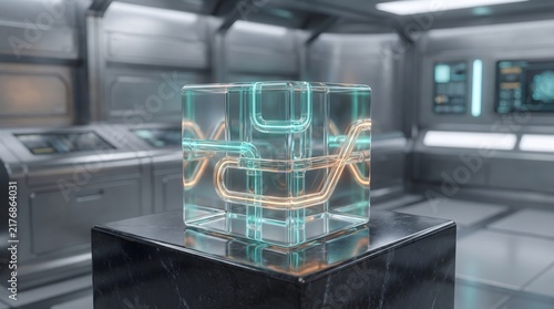 Futuristic Glass Cube with Glowing Neon Conduits in a High-Tech Laboratory Setting, 3D Illustration