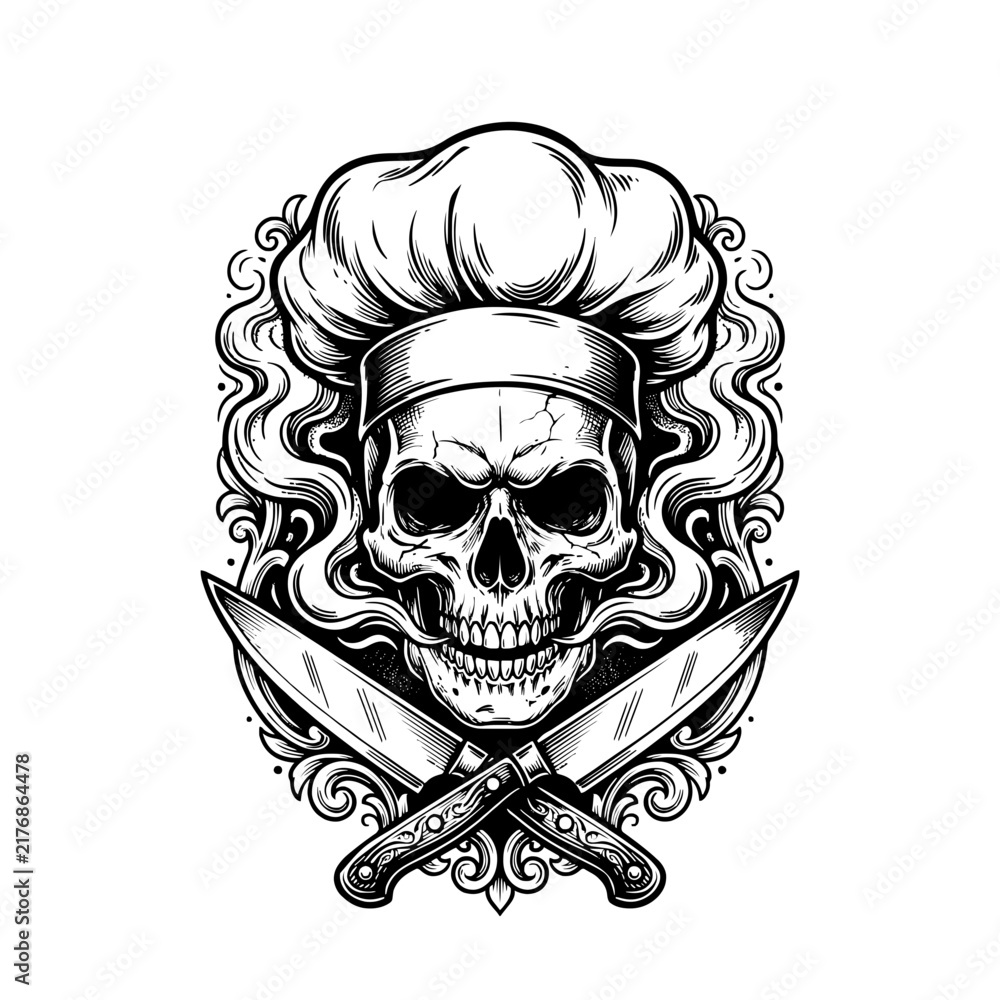 Fototapeta premium Skull Chef Tattoo Design with Crossed Kitchen Knives