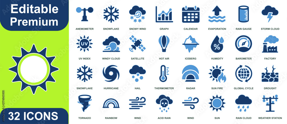 Obraz premium blue and green editable premium weather and climate vector icons set useful for meteorology and environmental forecasting