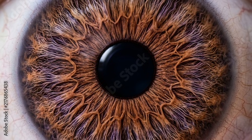 Brown human eye extreme macro close up detail showcasing intricate iris texture and dark circular pupil in sharp bright lighting