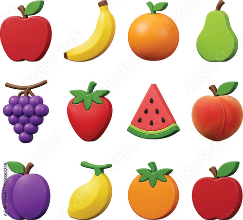 Set of cartoon fruits on transparent background including apple banana orange pear grape strawberry watermelon peach plum.