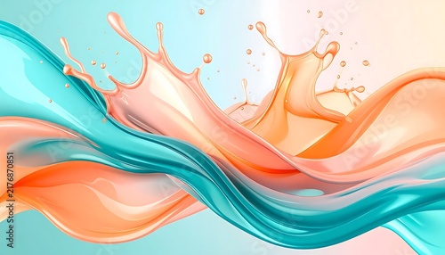 Abstract digital art with flowing liquid waves and splashes.