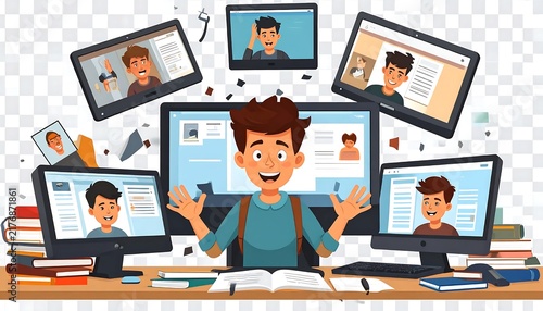Business professional using multiple computer screens for video calls.