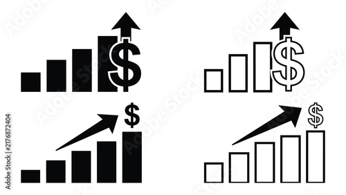 Dollar rate increase icon set for rising costs, cash growth, inflation, finance, business and money trends.