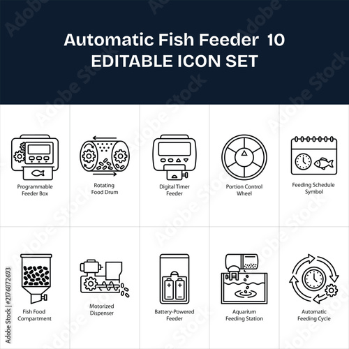 Fish Farming and Aquaculture Operation Icons 10 Black and White Editable Vector Symbols