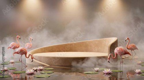 Beautiful wide environmental view photography of a Warm Beige soft velvet curved platform podium surrounded by graceful pink flamingos standing in shallow water with water lilies. 