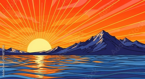 Vibrant sunset over serene mountain lake illustration