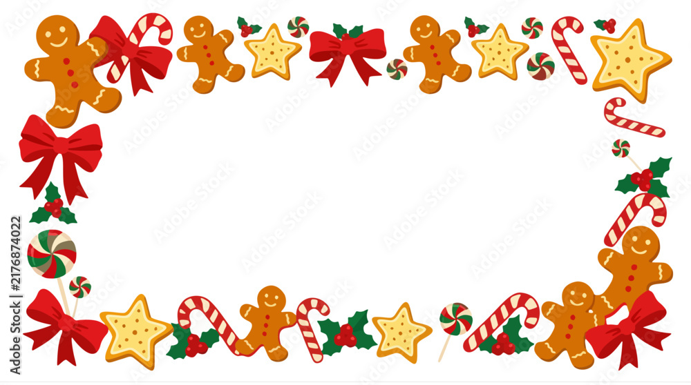 Fototapeta premium Cute Christmas gingerbread candy vector frame border with red ribbon bow and sweets