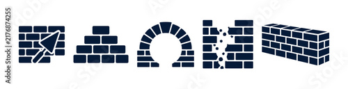 Brick Wall Icon Set, Construction and Masonry Building