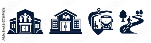 Public Service Icon Set, School Transportation and Urban Facility