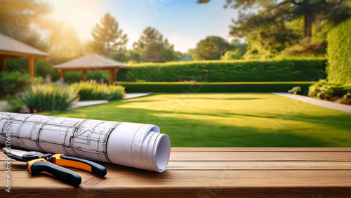 Landscape garden design blueprints with shears and blurred patio background banner.