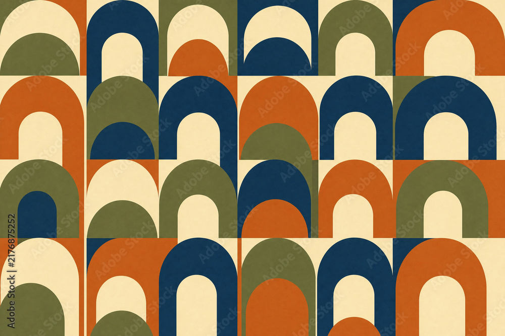 Fototapeta premium Mid century modern arches pattern in olive rust and navy