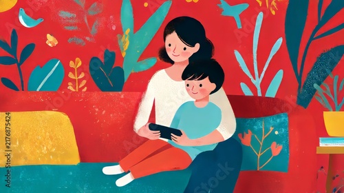 Mother and child reading together on colorful living room sofa
