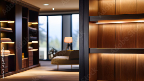 Bespoke dark wood walk-in closet with LED lights and blurred dressing room background banner.
