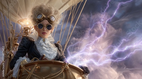 Steampunk aviator woman piloting air ship gondola amid storm clouds