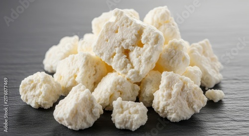A pile of white cottage cheese on a dark wooden surface illustration