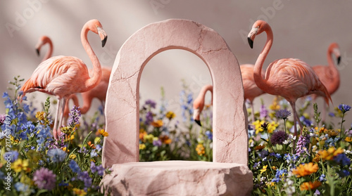 Beautiful front eye-level view photography of a Soft Pastel Pink natural stone elegant arch podium surrounded by elegant pink flamingos and vibrant multicolored wildflowers. 