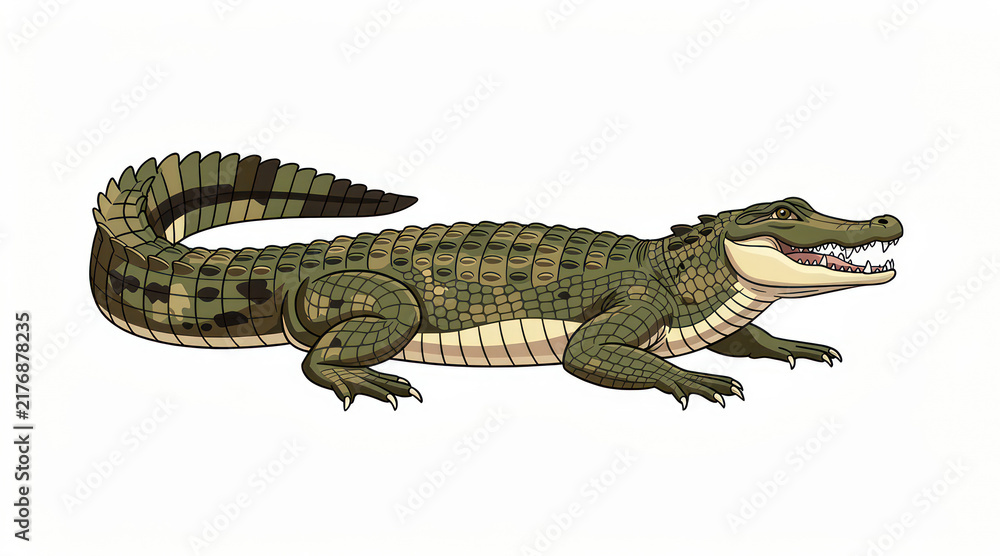 Obraz premium Green crocodile crawling with open mouth isolated on white