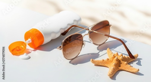 Sunglasses and sunscreen on a sandy beach illustration