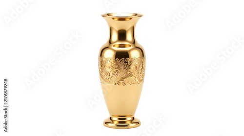 Vintage gold vase with ornate floral engraving. Polished brass decorative vessel for luxury home decor. Elegant metallic flower pot. isolated PNG with Transparent Background