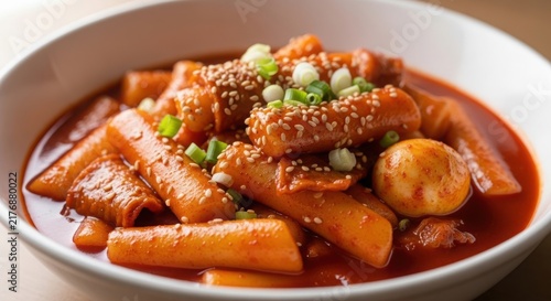 A plate of tteokbokki with fish cake and green onions illustration