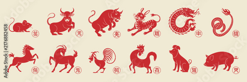 Chinese zodiac animals, a traditional set of twelve red silhouettes with symbols.