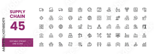 Supply chain line icons representing logistics, delivery, warehousing, and global trade for business presentations.