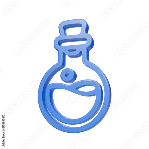 Konstfotografi Blue glossy 3D potion bottle icon with liquid on black background