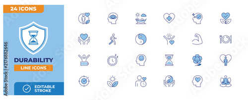 Durability line icons symbolizing resilience, health, and mental well-being with balance and strength elements.