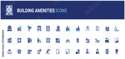 Set of building amenities icons featuring blue flat modern symbols for real estate and property management user interface design.