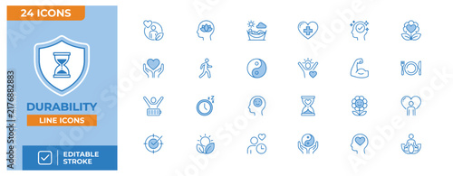 Minimalist durability line icons featuring blue shield and hourglass graphics for health and wellness digital media assets.