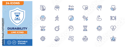 Contemporary durability line icons with blue shield and clock elements for health and wellness app and web design interfaces.