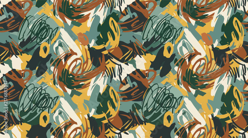 Seamless abstract batik-style pattern featuring expressive earthy brushstrokes, scribbles, and artistic textures for modern textile and fabric design