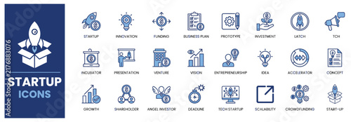 Blue startup thin line business icon set with rocket ideas venture capital funding concept.