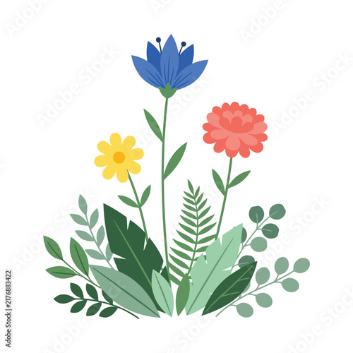 Colorful flowers illustration with greenery